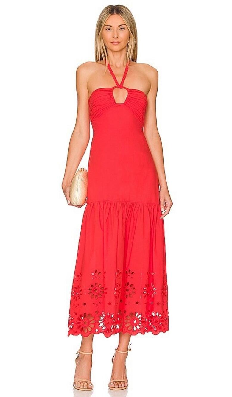 Karina Grimaldi Talia Bright Orange Red Halter Tie Back Maxi Dress XS